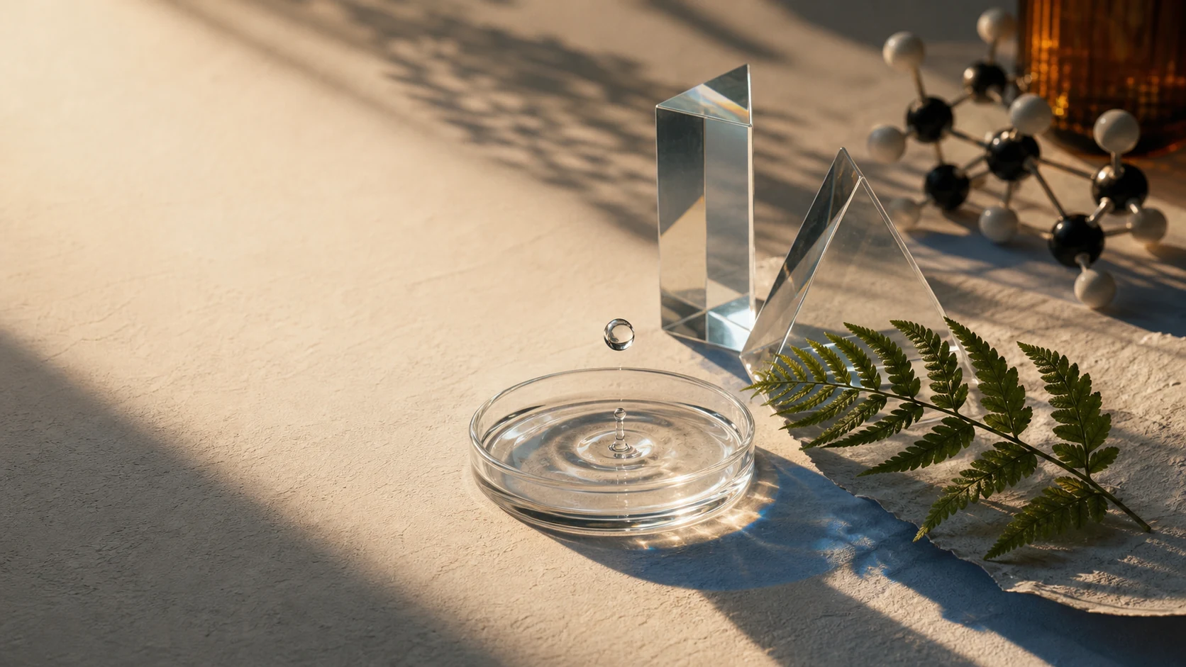 Glass prisms, a water droplet, a fern specimen, and a molecular model arranged as a science still life
